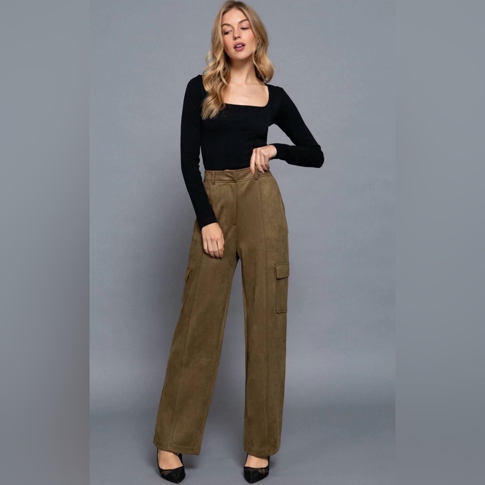 Dark Green/Brown Suede Cargo Dress Style Pants